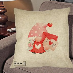 Cadou Romantic - Perna Personalizata I Love You Gnome Valentine cu Scrisoare, 40x40 cm, Crem, Husa Detasabila, Perna Inclusa, BEKZ®