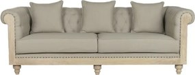 Canapea Chesterfield 3 locuri din stofă gri, cu cadru din lemn de tec la vedere și ținte decorative, 79 x 225 x 87 cm, „Classic”