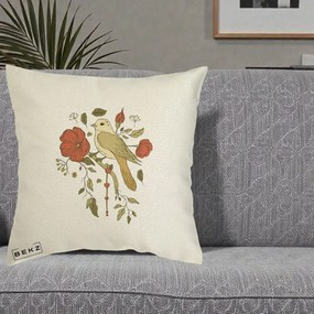 Perna Decorativa Pasare pe Ramura cu Maci, 40x40 cm, Ecru, Husa Detasabila, Perna Inclusa, BEKZ®