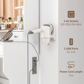 HOMCOM Masă de Toaletă cu Oglindă Iluminată LED, Masă de Machiaj cu Stație de Încărcare, 4 sertare și rafturi de depozitare, 90x45x160 cm, Alb