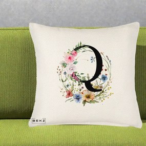 Cadou Personalizat - Perna Personalizata Monogram Litera Q cu Flori Acuarela, 40x40 cm, Crem Reliefat, Husa Detasabila, Perna Inclusa, BEKZ®