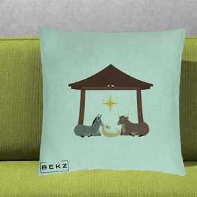 Perna Decorativa Ieslea din Betleem cu Iesle Asin si Bou, 40x40 cm, Verde Menta, Husa Detasabila, Perna Inclusa, BEKZ®