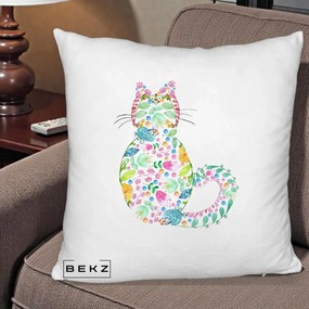 Perna Decorativa Pisica Florala Acuarela, 40x40 cm, Alb Pufos, Husa Detasabila, Perna Inclusa, BEKZ®