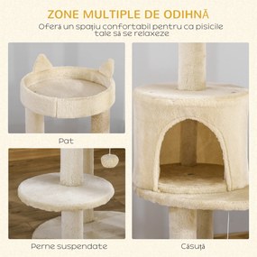 PawHut Ansamblu de Joacă pentru pisici adulte cu căsuță spațioasă și platformă, 104 cm, Crem | Aosom Romania