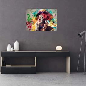 Tablou pe sticlă - Artista cu căști (70x50 cm)