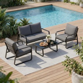 Outsunny Set mobilier de grădină 4 piese cu perne detașabile foarte groase 10 cm masă de cafea din sticlă securizată Negru | Aosom Romania