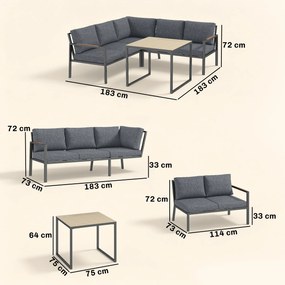 Outsunny Set Mobilier de Grădină Exterior 3 Piese 5 Persoane, 2 Canapele cu Perne Groase, 1 Masă de Cafea, 183x183x72cm, Gri Închis | Aosom Romania