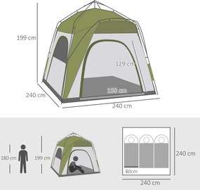 Outsunny Cort pentru Camping cu 2 Locuri, Cort cu Ușă, 3 Ferestre cu Plasă și Geantă pentru Transport, 240x240x199 cm, Verde | Aosom Romania