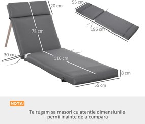 Outsunny Set 2 Perne pentru Scaune de Exterior cu Curele, Perne de Exterior Umplute cu Bumbac și Poliester, pentru Șezlonguri, Fotolii de Grădină, 196x55x8 cm, Gri Închis | Aosom Romania
