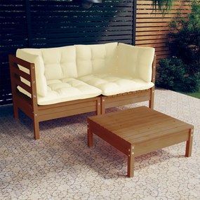 Set mobilier gradina cu perne crem, 3 piese, lemn de pin maro miere, 1