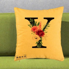 Cadou Personalizat - Perna Personalizata Monograma Florala Litera Y cu Buchet, 40x40 cm, Galben, Husa Detasabila, Perna Inclusa, BEKZ®