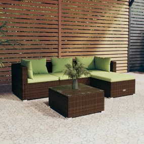 Set mobilier de gradina cu perne, 5 piese, maro, poliratan maro si verde, 2x colt + mijloc + suport pentru picioare + masa, 1