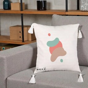 Perna Decorativa Abstract Forme Fluide Coral, 40x40 cm, Bej cu Franjuri, Husa Detasabila, Perna Inclusa, BEKZ®