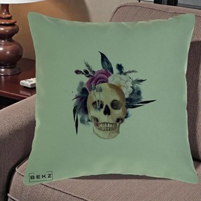 Perna Decorativa Craniu Floral cu Trandafiri si Ciuperci, 40x40 cm, Verde, Husa Detasabila, Perna Inclusa, BEKZ®