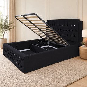 Pat tapițat Chesterfield din catifea Aveline Deluxe 160×200 cm, negru, cu ladă de depozitare