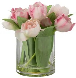 Vaza cu lalele artificiale Tulips, Fibre sintetice Sticla, Roz Verde, 20x18x22 cm