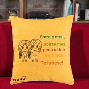 Cadou pentru Frate - Perna Personalizata Fratele Meu Te Iubesc Copii Anime Colorat, 40x40 cm, Galben, Husa Detasabila, Perna Inclusa, BEKZ®