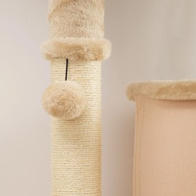 PawHut Arbore pentru Pisici Multilevel Înalt 132 cm cu Căsuță, Culcuș, Stâlpi Zgâriători, Perie și Biliță, Bej | Aosom Romania