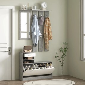 HOMCOM Mobilier Hol, 3 piese, cu Raft pentru Haine, Oglindă, 6 Cârlige, 2 Rafturi și Sertare, 90x24x177 cm, Gri | Aosom Romania