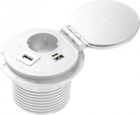 Priza incorporabila in blat Charger Plus GTV, incarcator wireless 5W, 1 priza Schuko, USB A + C, HDMI, RJ45, alb, D:80 mm Aluminiu, Alb, D:80