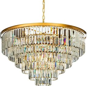 Candelabru rotund din metal, auriu, cu cristale din sticlă în cascadă și lanț reglabil, finisaj satinat, 67 x 112 cm, „Hilton”
