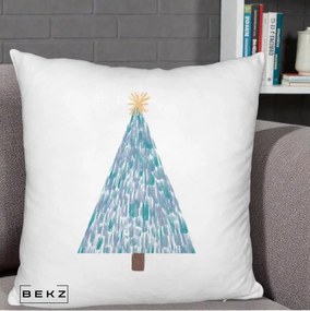 Perna Decorativa Brad de Craciun Acrilic Albastru, 40x40 cm, Alb Pufos, Husa Detasabila, Perna Inclusa, BEKZ®