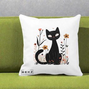 Perna Decorativa Pisica Neagra Flori Pastel Folk, 40x40 cm, Alba Mata, Husa Detasabila, Perna Inclusa, BEKZ®