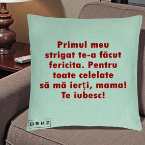 Cadou pentru Mama - Perna Personalizata Primul Strigat Mama, 40x40 cm, Verde Menta, Husa Detasabila, Perna Inclusa, BEKZ®