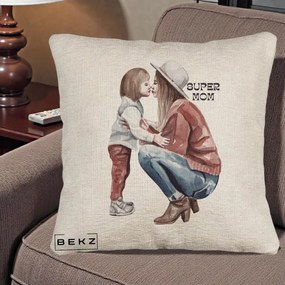 Cadou pentru Mama - Perna Personalizata Super Mom Acuarela, 40x40 cm, Bej Canapea, Husa Detasabila, Perna Inclusa, BEKZ®
