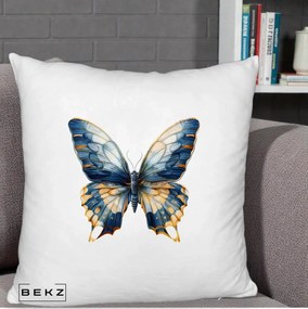 Perna Decorativa Fluture Albastru Auriu Elegant, 40x40 cm, Alb Pufos, Husa Detasabila, Perna Inclusa, BEKZ®