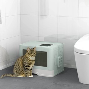 PawHut Litieră de nisip pentru pisici cu Capac, Intrare Dublă, Sertar, Lopățică, Verde | Aosom Romania