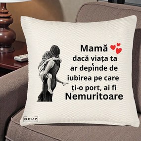 Cadou pentru Mama - Perna Personalizata Mama Nemuritoare Gravura Vintage, 40x40 cm, Crem Reliefat, Husa Detasabila, Perna Inclusa, BEKZ®