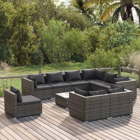 Set mobilier de gradina cu perne, 10 piese, gri, poliratan gri si antracit, 4x mijloc + 5x colt + masa, 1