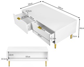 Măsuță de Cafea Modernă cu 2 Sertare și Design cu Dungi Verticale, 100x50x40 cm - Măsuță de Canapea, Alb+Auriu