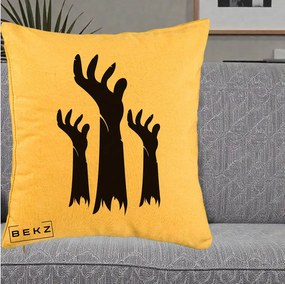 Perna Decorativa Halloween Maini Zombie Alb-Negru, 40x40 cm, Galben, Husa Detasabila, Perna Inclusa, BEKZ®