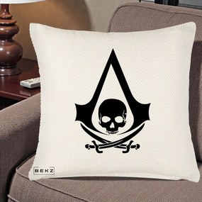Perna Personalizata Assassin's Creed Black Flag Skull, 40x40 cm, Crem Reliefat, Husa Detasabila, Perna Inclusa, BEKZ®
