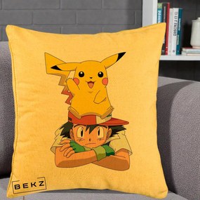 Perna Personalizata Ash si Pikachu, 40x40 cm, Galben, Husa Detasabila, Perna Inclusa, BEKZ®