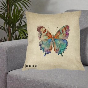 Perna Decorativa Fluture Acuarela Multicolor Portocaliu-Bleu-Mov, 40x40 cm, Crem, Husa Detasabila, Perna Inclusa, BEKZ®