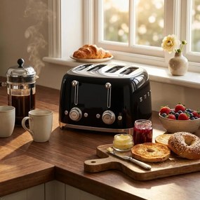 Prăjitor de pâine SMEG 50's Style TSF03BLEU, 2000 W, 4 felii, 6 niveluri, Tava pentru firimituri, Cablu integrat, Oțel inoxidabil, Negru