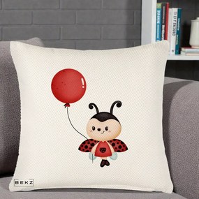 Perna Decorativa Buburuza cu Balon Rosu, 40x40 cm, Crem Reliefat, Husa Detasabila, Perna Inclusa, BEKZ®