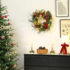 HOMCOM Ghirlandă de Crăciun de 60 cm cu Lumini LED Albe, Coroană de Crăciun cu Temporizator, 170 de Ramuri, Conuri de Pin, Boabe și Vâsc, Decor de Crăciun pentru Ușă și Fereastră, Verde | Aosom Romania