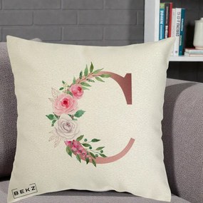 Cadou Personalizat - Perna Personalizata Monograma Rose Gold Litera C, 40x40 cm, Ecru, Husa Detasabila, Perna Inclusa, BEKZ®