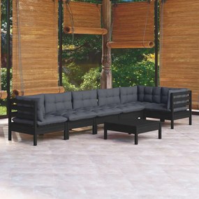 3096404 vidaXL Set mobilier grădină cu perne, 7 piese, negru, lemn de pin