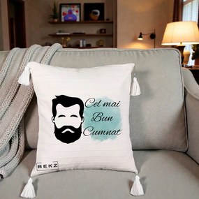 Cadou pentru Cumnat - Perna Personalizata Cel mai Bun Cumnat cu Portret Barbat si Pete Teal, 40x40 cm, Bej cu Franjuri, Husa Detasabila, Perna Inclusa, BEKZ®