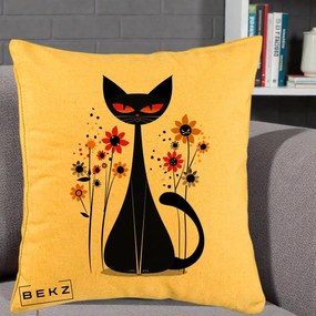 Perna Decorativa Pisica Neagra Ochi Rosii Flori, 40x40 cm, Galben, Husa Detasabila, Perna Inclusa, BEKZ®