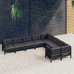 3096987 vidaXL Set mobilier grădină cu perne, 9 piese, negru, lemn de pin
