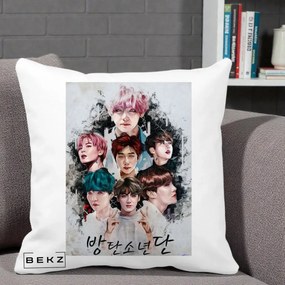Perna Personalizata K-pop BTS Bangtan Boys Poster Artistic Negru Alb, 40x40 cm, Alba Mata, Husa Detasabila, Perna Inclusa, BEKZ®