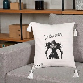 Perna Personalizata Death Note Ryuk Shinigami Alb-Negru, 40x40 cm, Bej cu Franjuri, Husa Detasabila, Perna Inclusa, BEKZ®