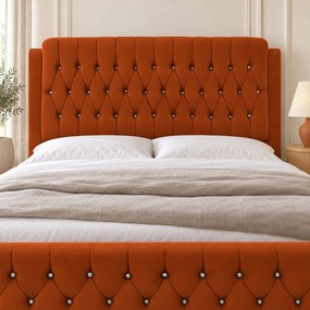 Pat tapițat Chesterfield din catifea Aveline Deluxe 140×200 cm, cărămiziu, cu ladă de depozitare