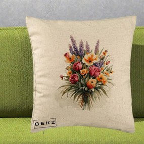 Perna Decorativa Buchet Mixt Acuarela Lavanda-Trandafiri, 40x40 cm, Bej, Husa Detasabila, Perna Inclusa, BEKZ®
